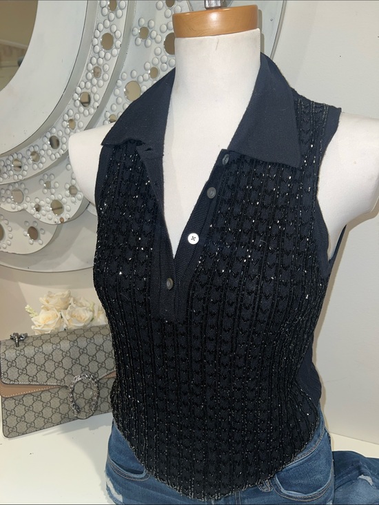 Banana Republic Tops - Banana Republic Black Beaded Knit Sleeveless Polo Top